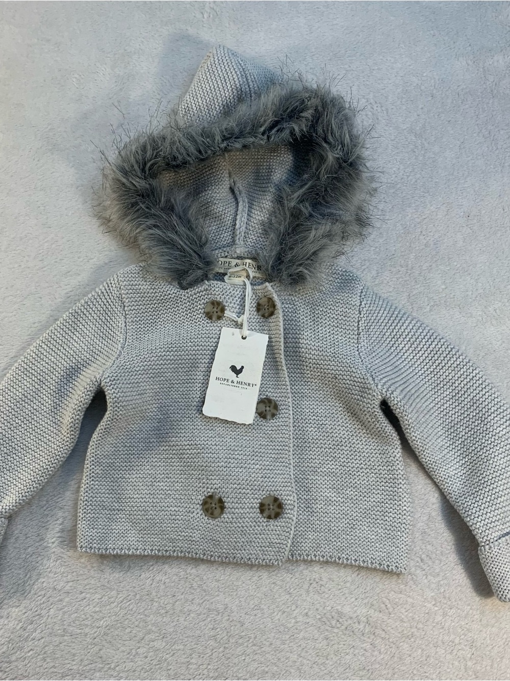 NWT Hope & Henry Gray Double Breasted Knit Hooded Sweater with Faux Fur Trim